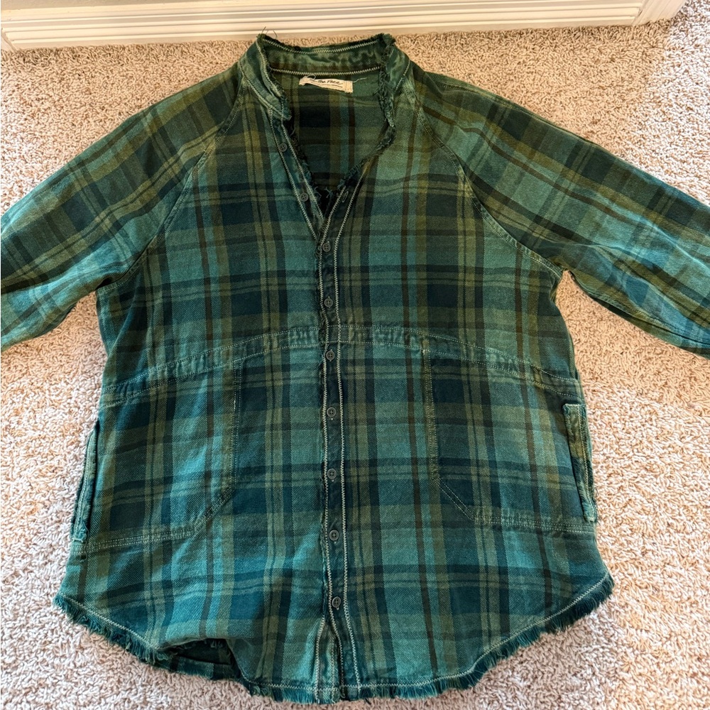 Free People Green Plaid Button-Down Shirt